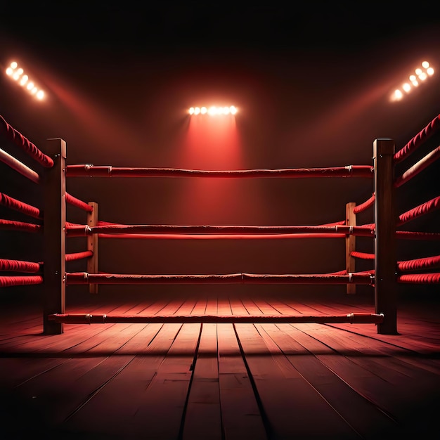 Vacant Boxing Ring in Red Glow on Night