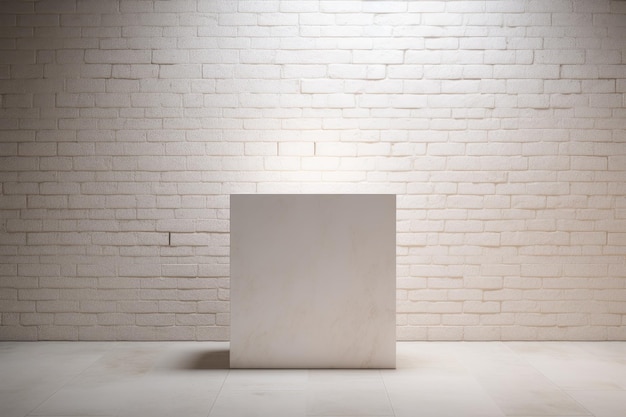 A vacant marble podium sits on top of a bathroom table positioned in front of a white brick wall