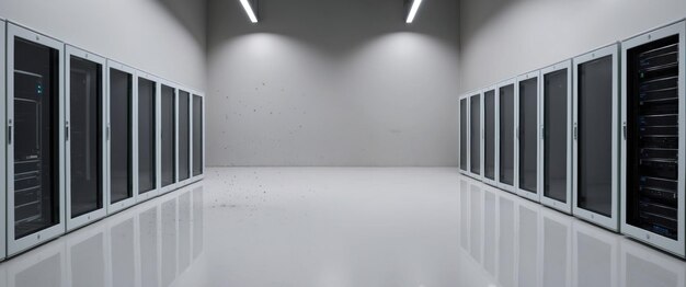 Photo vacant network room showcasing neutral tones and a single row of servers