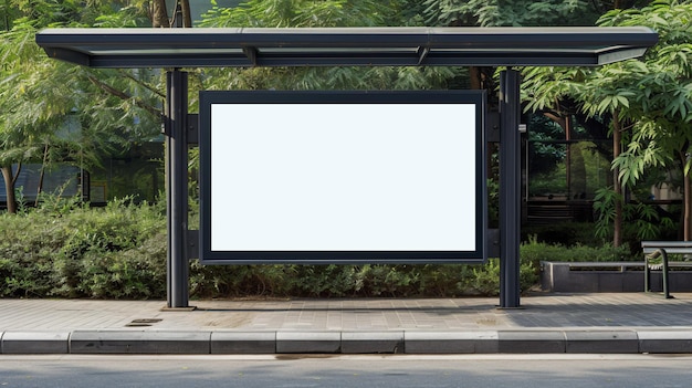 Vacant outdoor advertising billboard display at bus stop for promotional banners or posters