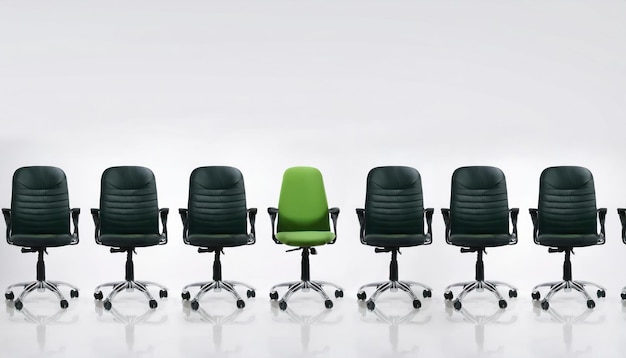 Photo vacant position green office chair among black ones on white background