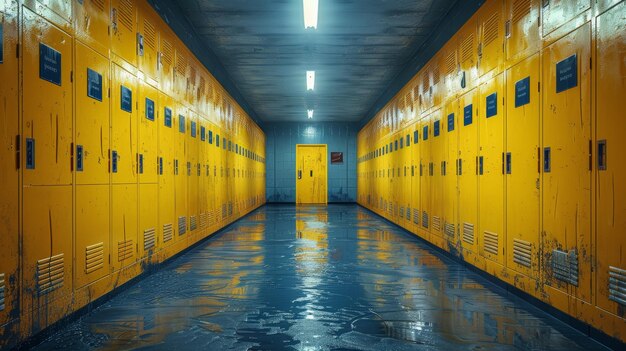 Vacant School Hallway with Sunshine Yellow Lockers Generative AI