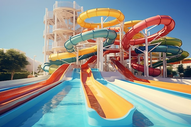 Vacant vibrant waterslides adorn the resort Generative Ai