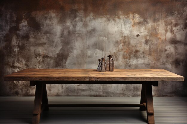 Photo vacant wooden tabletop rustic charm meets industrial concrete wall in textured backdrop