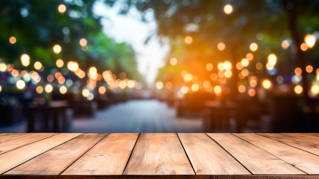 The vacant wooden tabletop with a blurred backdrop of a bustling street in the downtown business