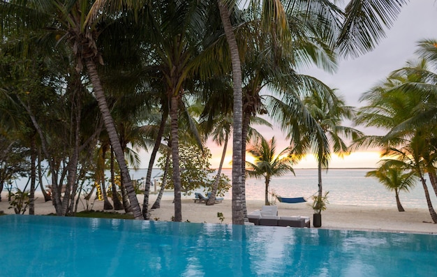 vacation, beach, summer and leisure concept - swimming pool on tropical beach