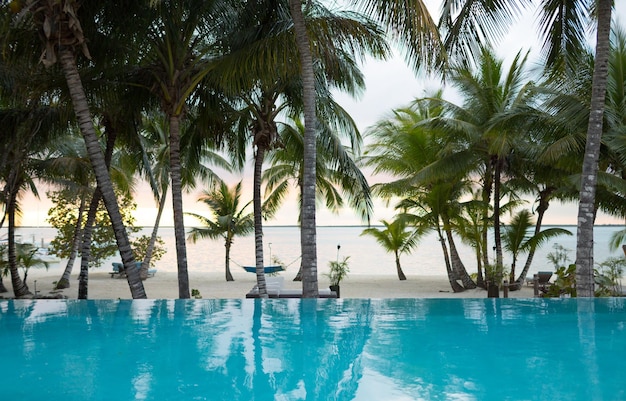 vacation, beach, summer and leisure concept - swimming pool on tropical beach