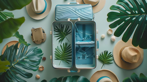 Vacation concept An overhead shot of a Sun Hat with palm leaves and suitcase teal background with space for promotion Copy Space Made With Generative AI