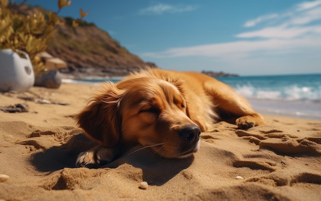 Vacation Dog Sleeping on Beach Generative AI