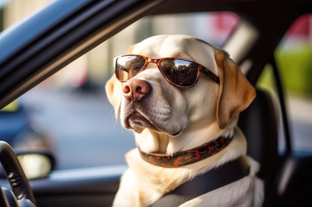 On a vacation drive a happy labrador dog in sunglasses pilots the car Pet travel concept