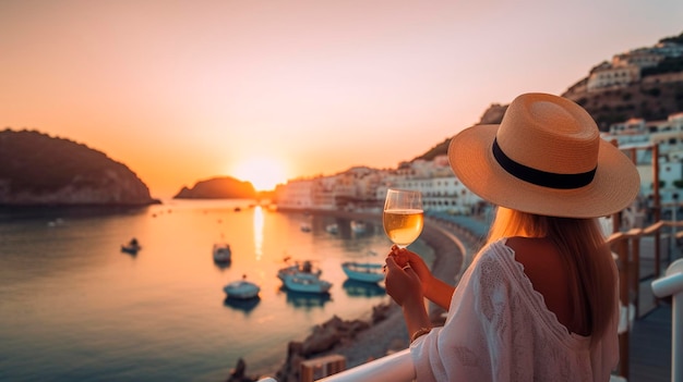 Vacation on a Greek island a woman in a hat looks at the sunset with a glass of champagne Generative AI