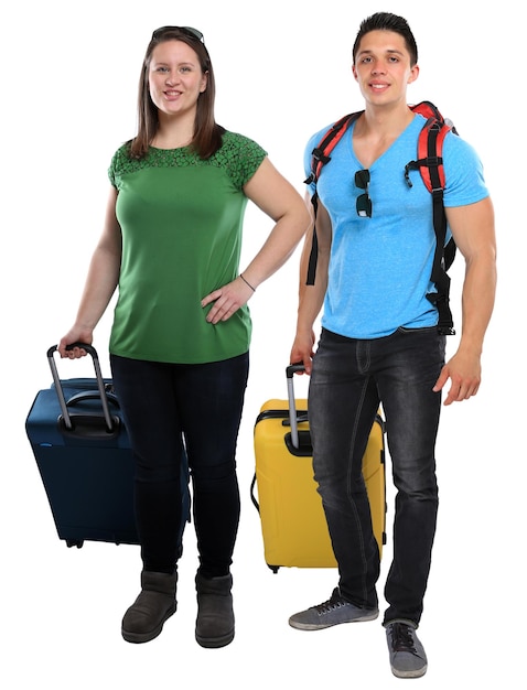 Vacation holidays young people with luggage travel traveling smiling isolated