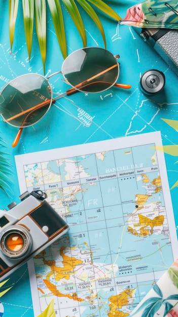 Photo vacation planning essentials with map sunglasses and camera on blue background