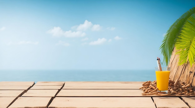 Vacation and relax concept Old wooden table and tropical sunny background Wooden table top on blurred backdrop 3d render Product display template