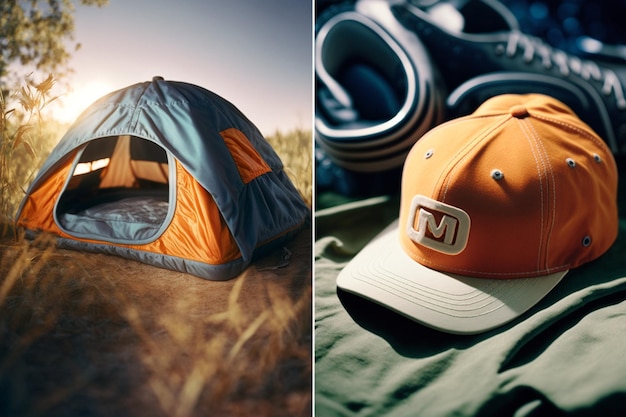 Vacation weekend in nature with a backpack Sunset in the woods Mountain landscape travel lifestyle camping Summer trip in nature Relaxing and lying in a sleeping bag in a tent