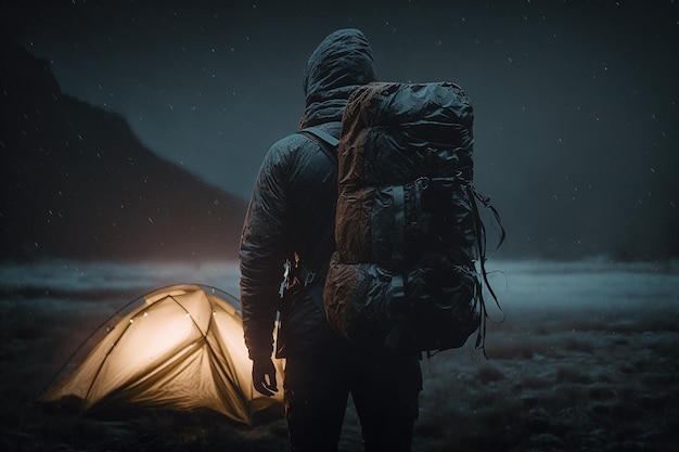 Vacation weekend in nature with a backpack Sunset in the woods Mountain landscape travel lifestyle camping Summer trip in nature Relaxing and lying in a sleeping bag in a tent