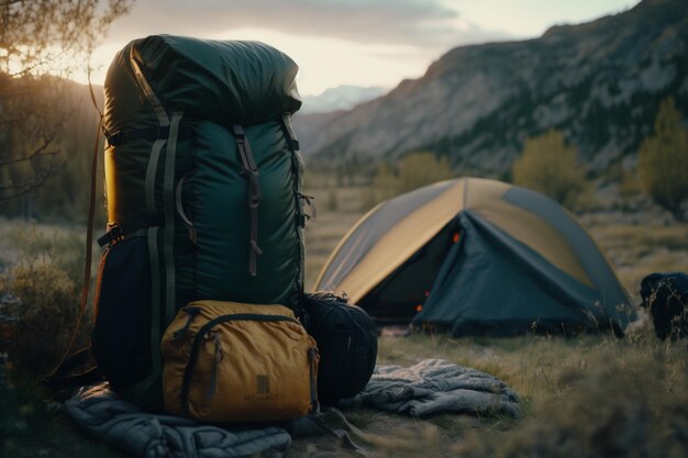 Vacation weekend in nature with a backpack Sunset in the woods Mountain landscape travel lifestyle camping Summer trip in nature Relaxing and lying in a sleeping bag in a tent