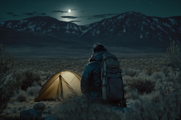 Vacation weekend in nature with a backpack Sunset in the woods Mountain landscape travel lifestyle camping Summer trip in nature Relaxing and lying in a sleeping bag in a tent