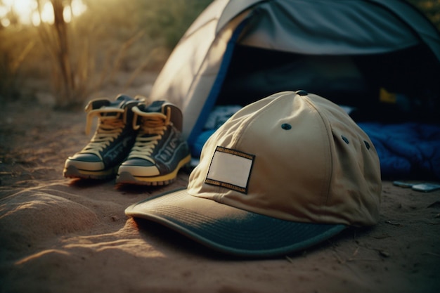 Vacation weekend in nature with a backpack Sunset in the woods Mountain landscape travel lifestyle camping Summer trip in nature Relaxing and lying in a sleeping bag in a tent