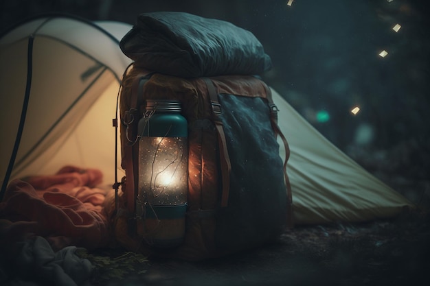 Vacation weekend in nature with a backpack Sunset in the woods Mountain landscape travel lifestyle camping Summer trip in nature Relaxing and lying in a sleeping bag in a tent