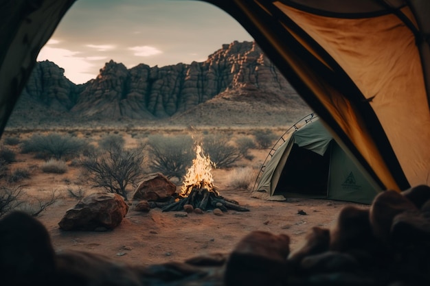 Vacation weekend in nature with a backpack Sunset in the woods Mountain landscape travel lifestyle camping Summer trip in nature Relaxing and lying in a sleeping bag in a tent