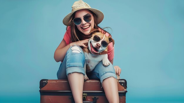 Vacation With Domestic Pet Concept Portrait of smiling woman in summer hat hugging h Generative AI