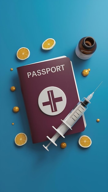 Photo vaccination passport with syringe and vaccine bottle on blue background 3d illustration cartoon hea