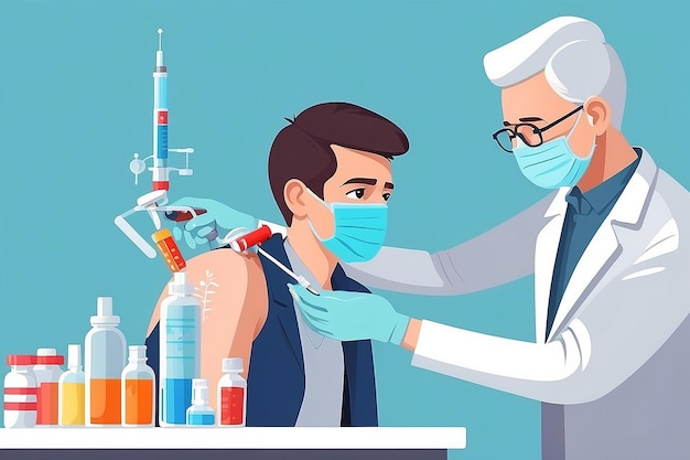 Vaccination of the population The doctor gives a shot of vaccine or medicine to the patient Graft Syringe with coronavirus vaccine Vector illustration in flat style