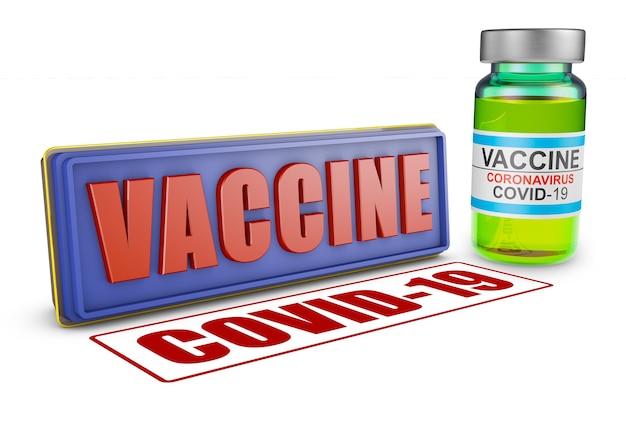 Vaccine stamp and covid-19 imprint next to the vaccine bottle. 3d render.