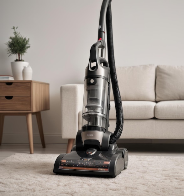 a vacuum cleaner sits on the floor in front of a white couch