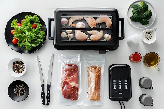 Vacuum Sealing Machine with Fresh Produce and Meats for a Healthy Meal