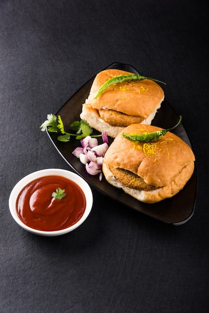 Vada Pav OR Wada Pao is a vegetarian roadside fast food dish from Maharashtra. Selective focus