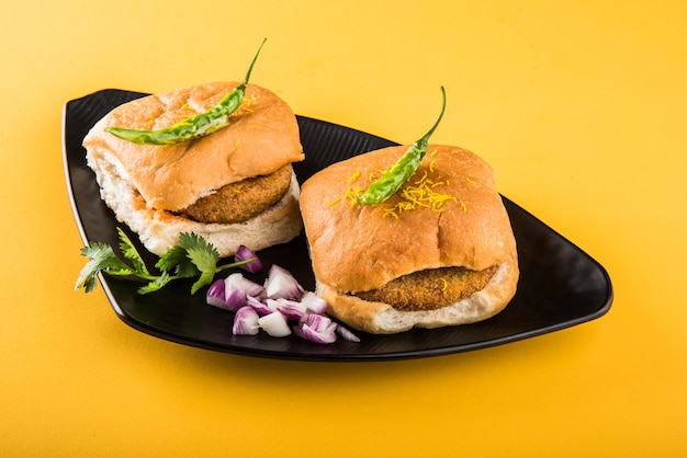 Vada Pav OR Wada Pao is a vegetarian roadside fast food dish from Maharashtra. Selective focus