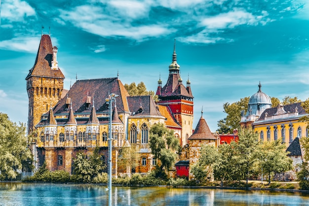 Vajdahunyad Castle (Hungarian-Vajdahunyad vara) with lake reflection. Budapest, Hungary.