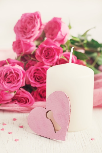 Valentin Day card with roses and candle