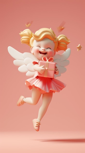 Valentine 3D cartoon cupid hold giftbox isolated on plain background