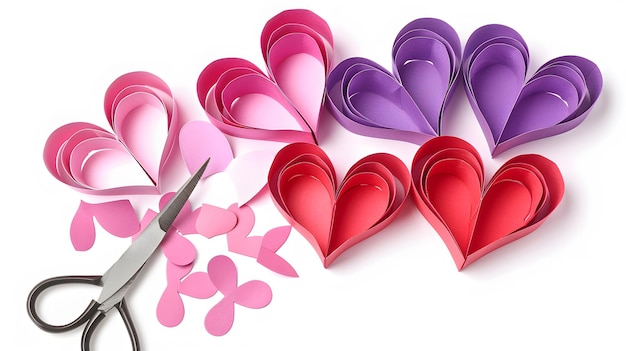 Photo valentine crafting supplies pink red purple paper hearts for making cards isolated on white