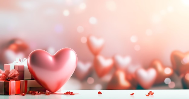 valentine day background with hearts and gift boxes with copy space