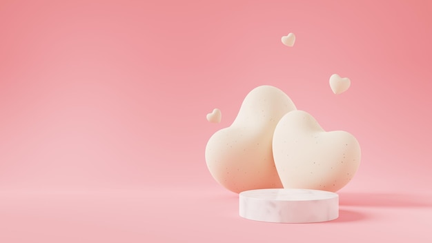 Valentine'day concept.Marble cylinder podium and heart with paper texture on pink background.Minimal concept of showcase for product mockup. 3D rendering illustration.