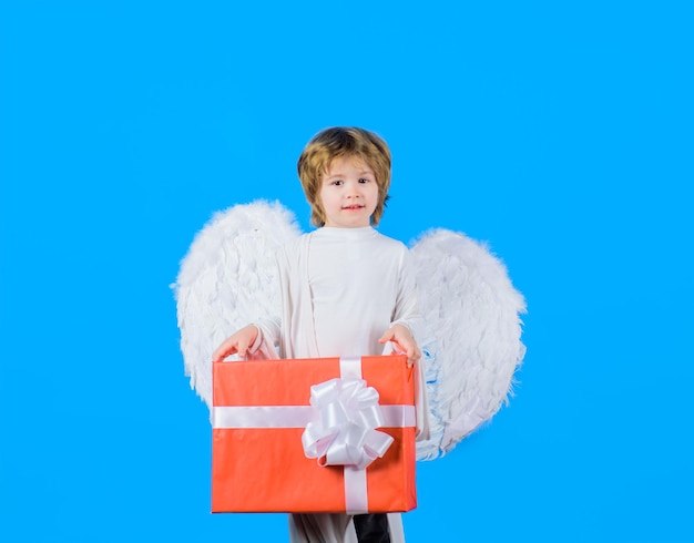 Valentine day february little cupid boy kid angel with present little angel with white wings holds