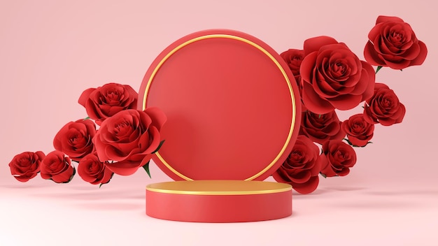 Valentine day., gift box, empty round Realistic stage, podium. Love holiday background.