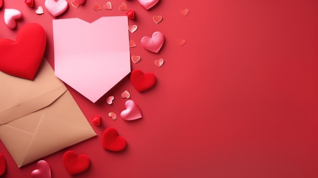 Valentine day holiday background with envelope paper card and various red hearts for love romantic message Generative AI