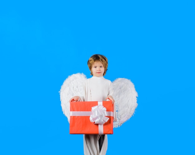 Valentine day little angel with white wings holds present cupid february little cupid boy kid angel