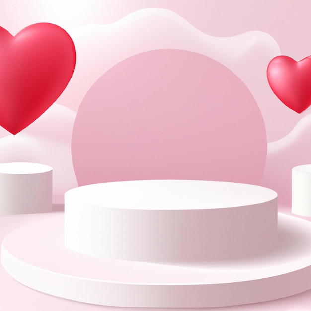 Valentine day with white podium pedestal and 3d red heart create with generative ai technology.