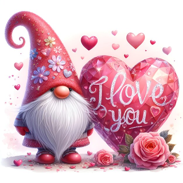 Photo valentine gnome is standing with a big heart isolated on white background