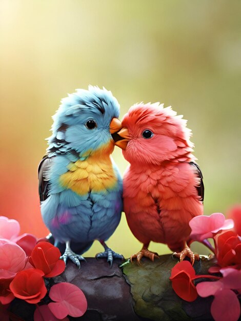 A valentine image where two little colorful bird kissing and with a natural scene