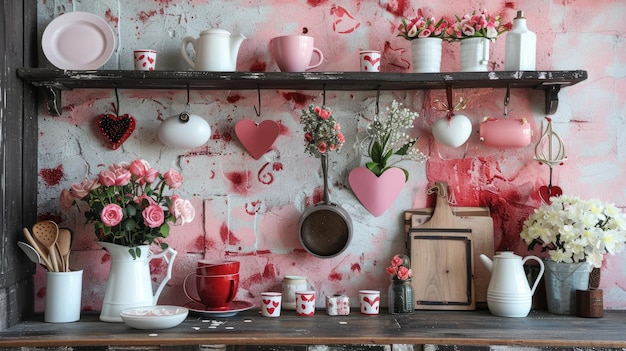 Photo valentine kitchen romantic valentines day decor with hearts and flowers in a cozy kitchen setting