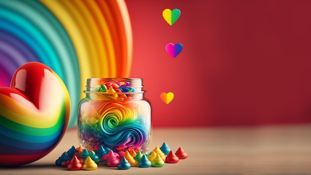 Valentine Or Love Concept With Hearts With Swirl Jar On Rainbow Style Illustration 3D Render