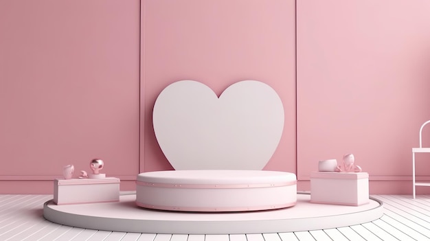 Valentine pink background pedestal podium with floating overlap hearts shape Pastel wall minimal