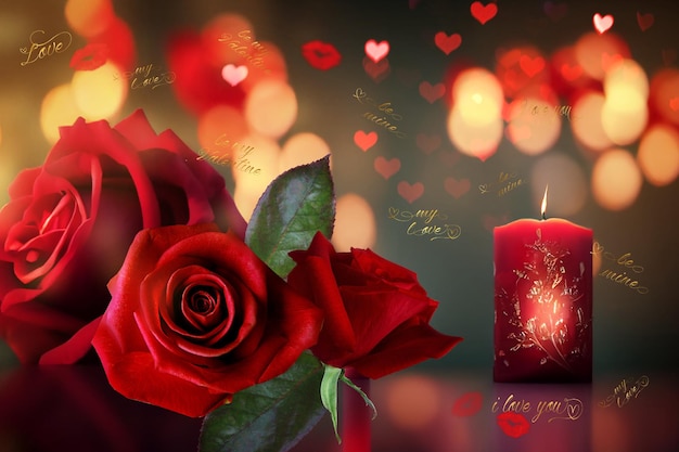 Valentine red roses and candle light  on blurred background gold confetti and letters with heart